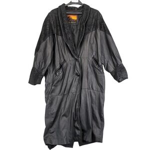 Vintage Outbrook Black Leather Overcoat Womens L Animal Print Long Coat Goth Y2K